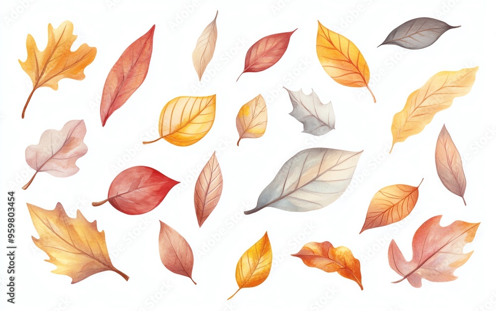 Collection of watercolor autumn leaves in various shapes and colors, perfect for seasonal designs and artistic projects. Collection of watercolor autumn leaves in various shapes and colors, perfect for seasonal designs and artistic projects.