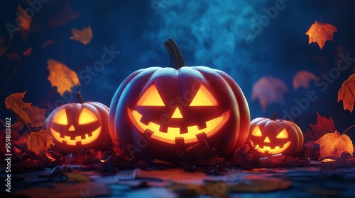 Spooky Halloween Jack o Lanterns with Glowing Faces in Autumn Leaves