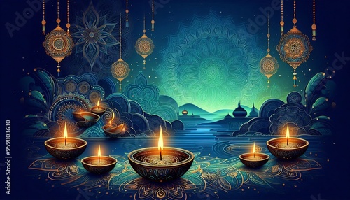 A festive diwali background with ornate diyas and mandalas set against a shimmering, blue sky and a distant cityscape.