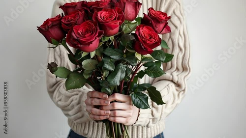 Woman holding bouquet of red roses against plain background, romantic gesture concept