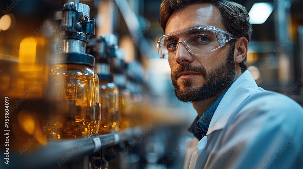 The Watchful Chemist: A scientist in safety goggles intently monitors a production line in a modern, high-tech laboratory, highlighting the precision and innovation of industrial science. The Watchful Chemist: A scientist in safety goggles intently monitors a production line in a modern, high-tech laboratory, highlighting the precision and innovation of industrial science.