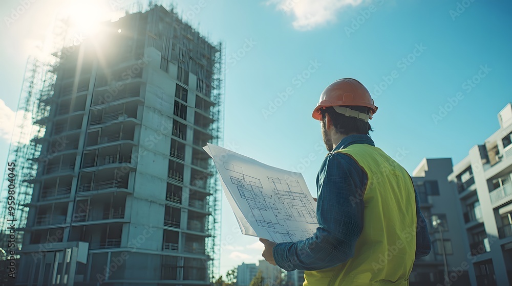 Architect Holding Blueprint in Front of a Construction Site: A construction site in the background, with an architect standing in the foreground, holding blueprints and discussing plans. Architect Holding Blueprint in Front of a Construction Site: A construction site in the background, with an architect standing in the foreground, holding blueprints and discussing plans.