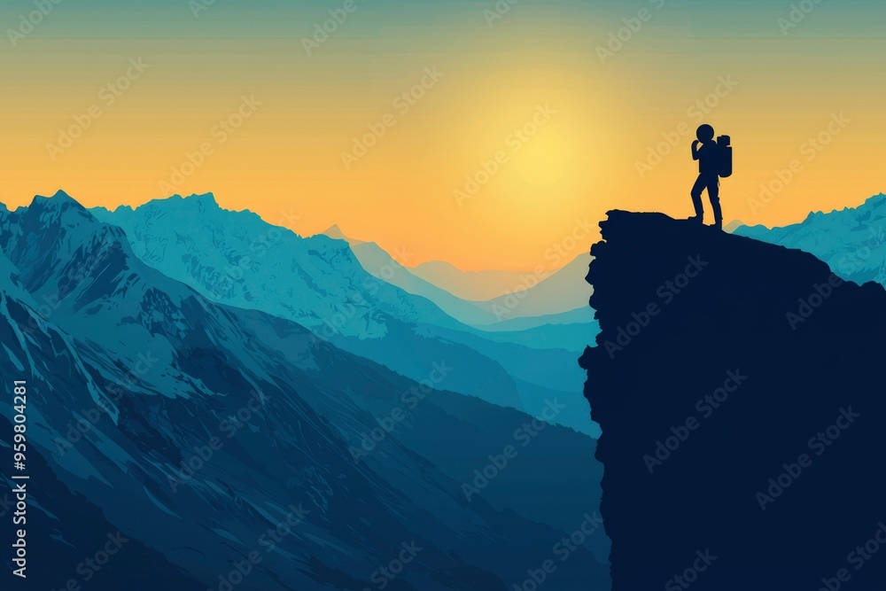 Silhouette of a Backpacker Standing on a Cliff Overlooking a Mountain Range at Sunset Silhouette of a Backpacker Standing on a Cliff Overlooking a Mountain Range at Sunset
