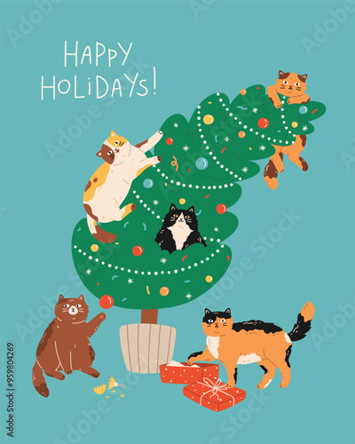 Christmas and New Year greeting card with funny cute cats. Feline pets climbing Christmas tree, playing with decorations and gift box. Hand drawn flat design for winter celebration print