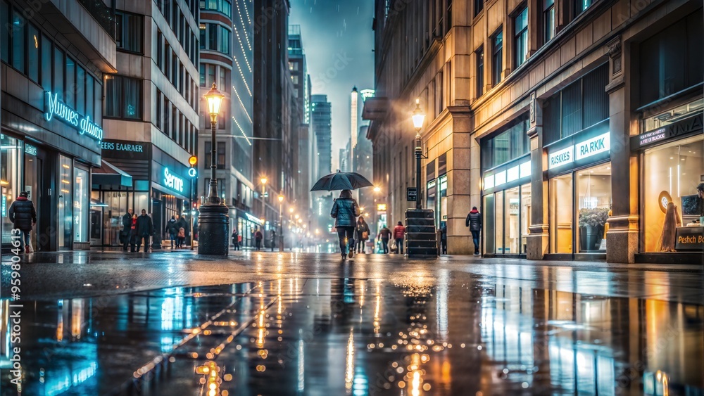 Person walking with umbrella in the rain at night on urban street with reflections Person walking with umbrella in the rain at night on urban street with reflections