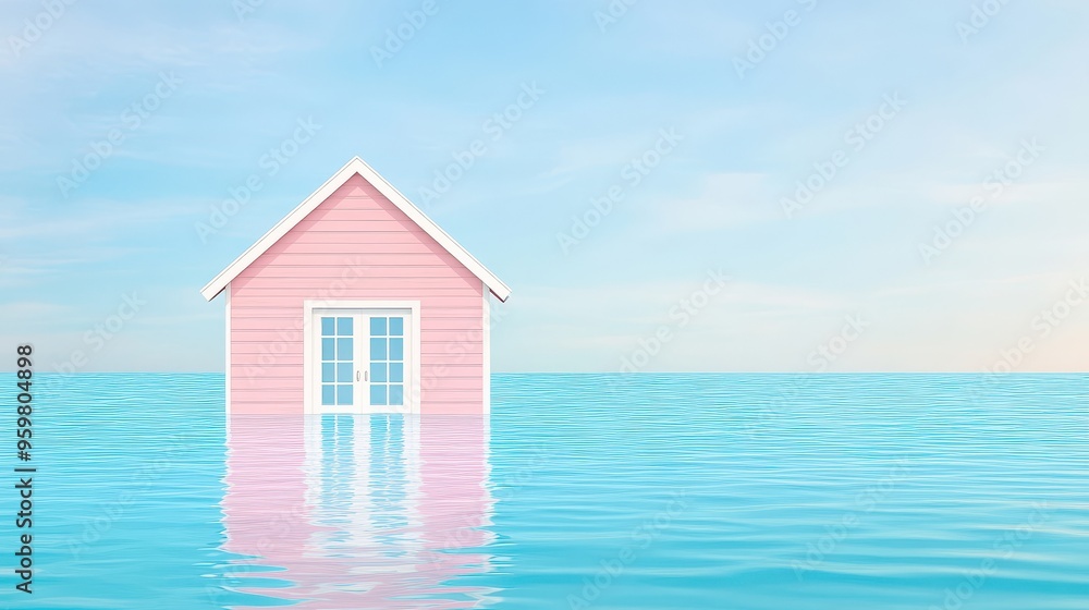 A serene pink house partially submerged in tranquil turquoise water under a soft blue sky, creating a dreamy atmosphere. A serene pink house partially submerged in tranquil turquoise water under a soft blue sky, creating a dreamy atmosphere.