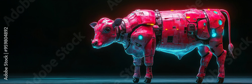 Futuristic, robotic cow illuminated with neon lights in a dark, sleek, and technologically advanced setting photo