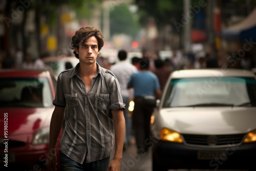 A man walks down a busy street with cars and people around him