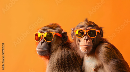 Ape Friends in Sunglasses, a playful and vibrant group of apes sporting stylish shades against a solid bright backdrop, perfect for engaging commercial and editorial use.