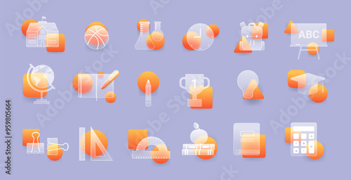 Set of school education icon in glass morphism style. Learning vector elements sign collection