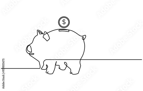 Piggy bank in continuous line art drawing style. Pig moneybox black linear sketch isolated on white background. Vector illustration, Continuous line drawing of piggy bank