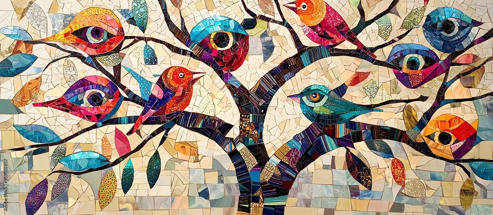 Fototapeta premium Colorful mosaic art of birds perched on a tree branch, with vibrant leaves and intricate patterns. Perfect for nature and art enthusiasts.