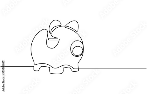 Piggy bank in continuous line art drawing style. Pig moneybox black linear sketch isolated on white background. Vector illustration, Continuous line drawing of piggy bank