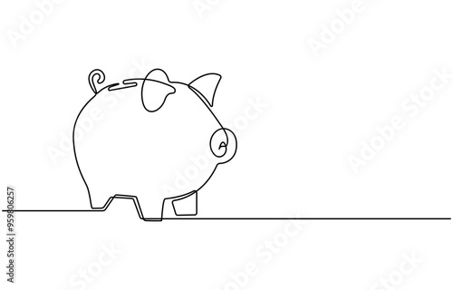 Piggy bank in continuous line art drawing style. Pig moneybox black linear sketch isolated on white background. Vector illustration, Continuous line drawing of piggy bank