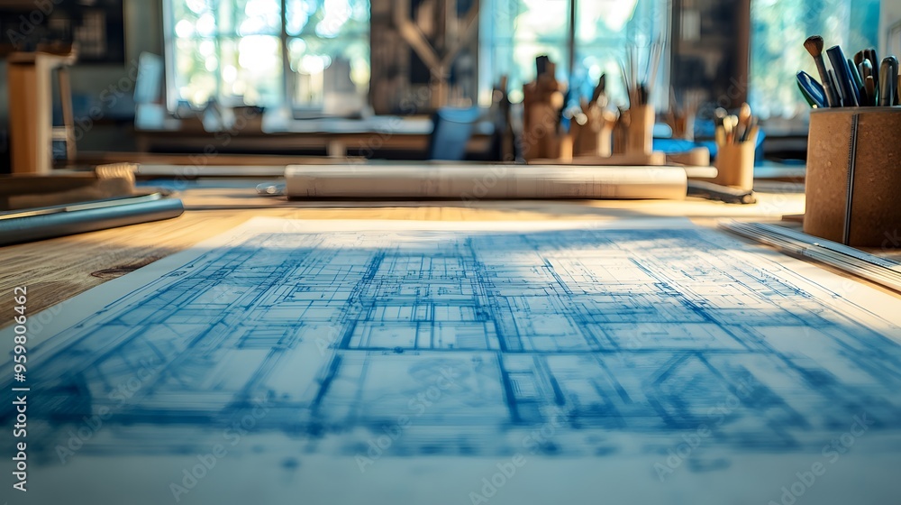 Close-up of Blueprint Spread Across a Wooden Desk: Detailed architectural blueprints spread on a wooden desk with drafting tools, showcasing technical design elements. Close-up of Blueprint Spread Across a Wooden Desk: Detailed architectural blueprints spread on a wooden desk with drafting tools, showcasing technical design elements.