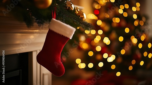 Cozy Christmas scene with red stocking hanging by the fireplace