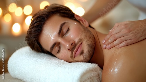 Relaxed man enjoying a rejuvenating massage in a tranquil spa setting with soft lighting photo