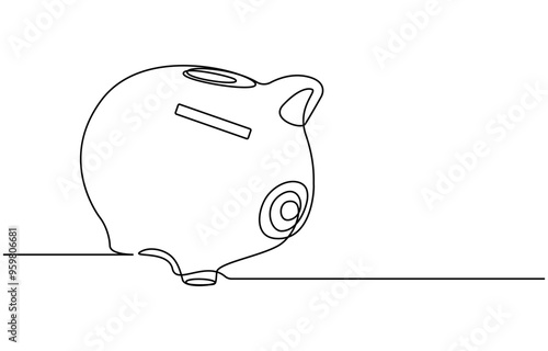 Piggy bank in continuous line art drawing style. Pig moneybox black linear sketch isolated on white background. Vector illustration, Continuous line drawing of piggy bank