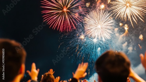 New Year s Eve party with fireworks lighting up the sky, everyone cheering photo