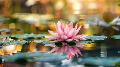 Pink water lily in full bloom on a tranquil pond, serene nature scene. Botanical elegance and tranquility concept