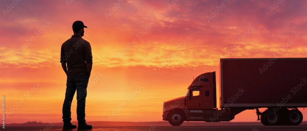 Fototapeta premium Sunset over the highway as a trucker stands beside his parked rig, the warm colors of the sky reflecting the hard work and resilience of the road warrior