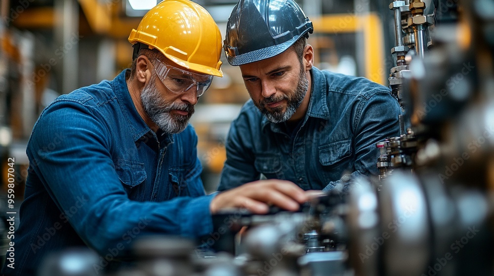 Precision Engineering in Action: Seasoned engineers collaborate on intricate machinery, showcasing expertise and teamwork in an industrial setting. Precision Engineering in Action: Seasoned engineers collaborate on intricate machinery, showcasing expertise and teamwork in an industrial setting.
