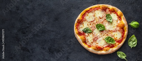 Top-down view of a Margherita pizza with golden crust, melted cheese, and bright green basil, capturing the essence of traditional Italian cuisine