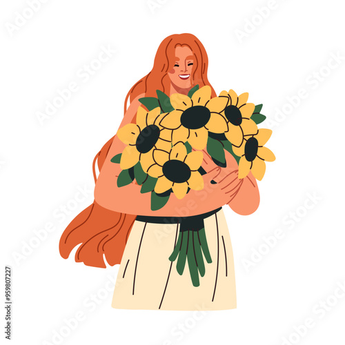 Happy young woman holding sunflower bouquet. Smiling girl with summer blossoms, blooming field plants in hands. Joyful female and floral bunch. Flat vector illustration isolated on white background