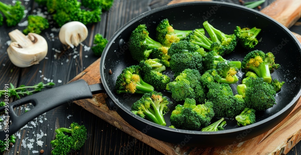 Fried broccoli. Roasted fresh salad. Green vegetable cooked food. Prepared vegetarian ingredient. Dish with healthy delicious meal. Freshness tasty mediterranean diet Fried broccoli. Roasted fresh salad. Green vegetable cooked food. Prepared vegetarian ingredient. Dish with healthy delicious meal. Freshness tasty mediterranean diet