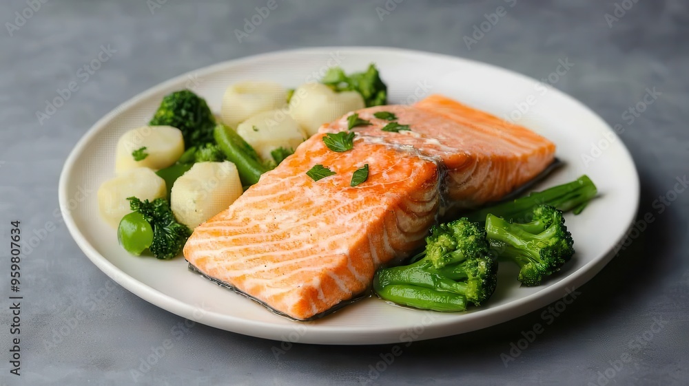 Salmon fillet with steamed vegetables on a plate, rich in omega-3 fatty acids, brain-boosting dinner Salmon fillet with steamed vegetables on a plate, rich in omega-3 fatty acids, brain-boosting dinner