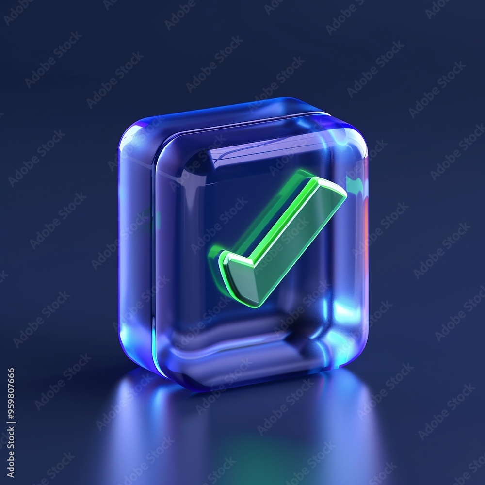 3D glowing checkmark icon on a dark background, symbolizing approval, success, and verification in a digital and futuristic design. 3D glowing checkmark icon on a dark background, symbolizing approval, success, and verification in a digital and futuristic design.