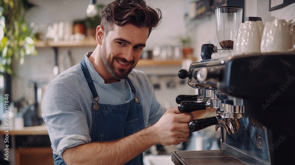 Barista preparing espresso at a cozy coffee shop during the morning rush hour in a vibrant urban neighborhood Barista preparing espresso at a cozy coffee shop during the morning rush hour in a vibrant urban neighborhood