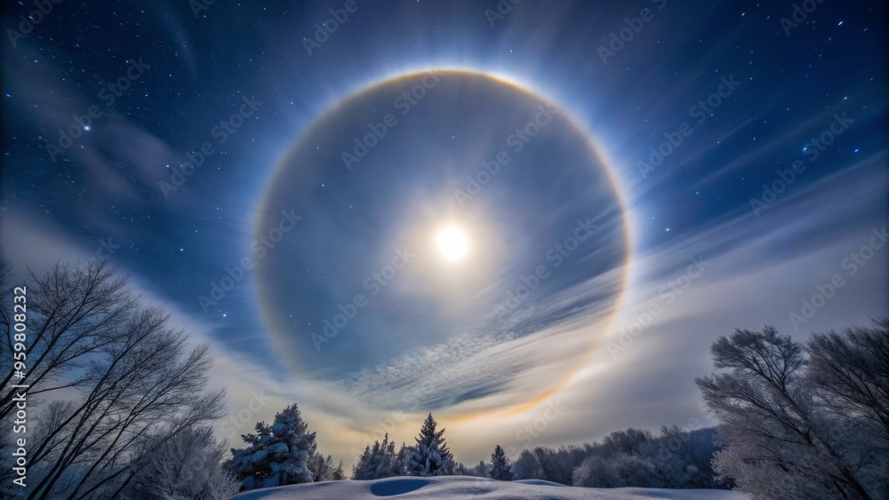 Fototapeta premium A luminous pale halo around the moon, formed when moonlight refracts through ice crystals in the atmosphere