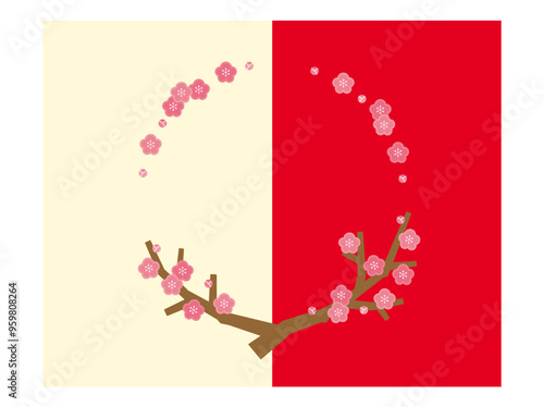梅の花の飾り罫と、梅の木の円形フレーム＿紅白の背景イラスト