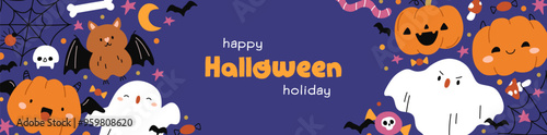 Cute Halloween banner with funny spooky pumpkins, bats, ghosts, candies. Fest...