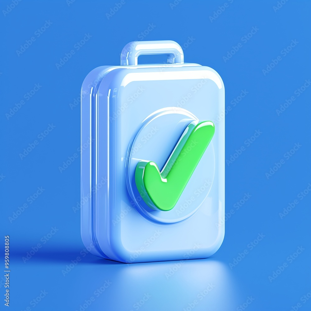 3D illustration of a blue suitcase with a green checkmark symbol, representing approved travel or verified baggage. 3D illustration of a blue suitcase with a green checkmark symbol, representing approved travel or verified baggage.
