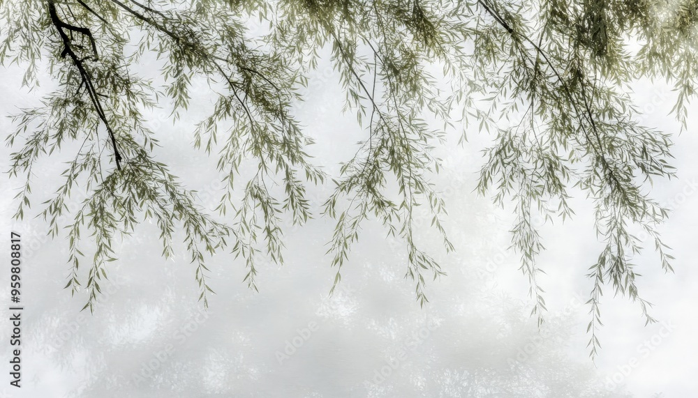 Willow Tree Branches Against Misty Sky. Willow Tree Branches Against Misty Sky.