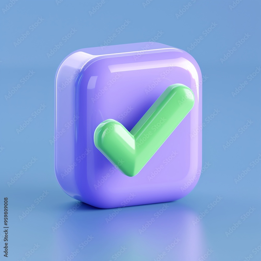 3D illustration of a glossy purple square icon with a green check mark on a blue background, representing approval or success. 3D illustration of a glossy purple square icon with a green check mark on a blue background, representing approval or success.