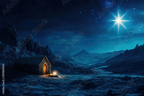 Nativity scene illuminated by stars on Christmas Eve