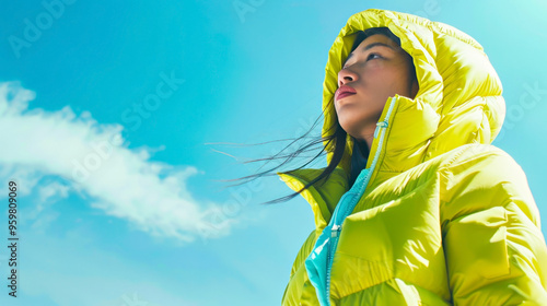 Young woman in yellow jacket gazing at clear blue sky on a breezy day