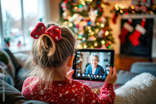 Little girl making a video call with family on the couch at home at Christmas
