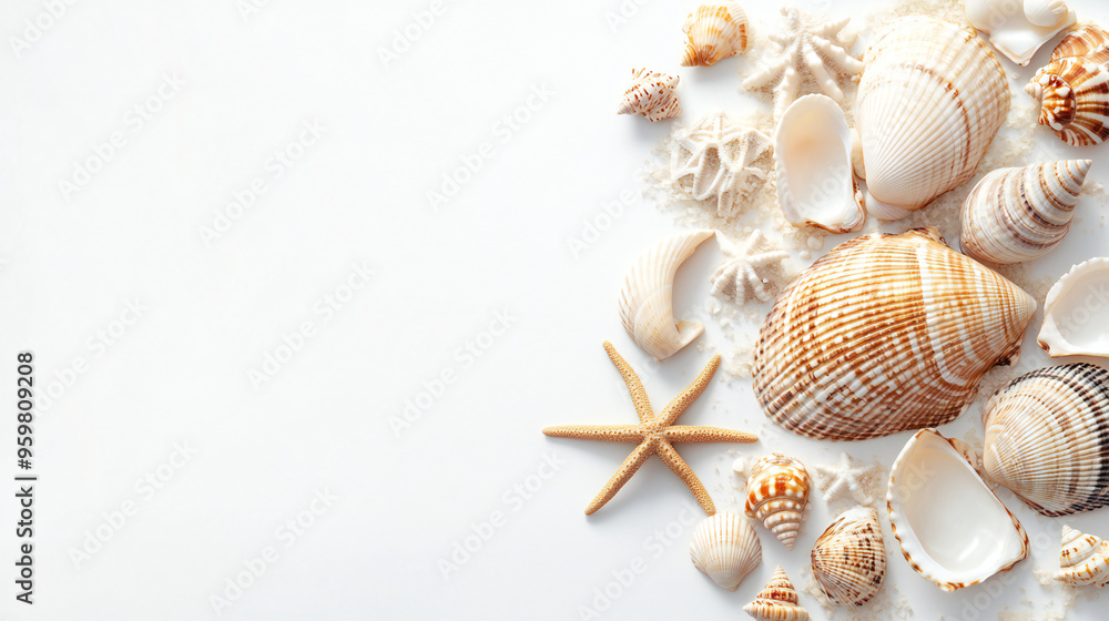 Obraz premium tropical seashells and starfish on white background