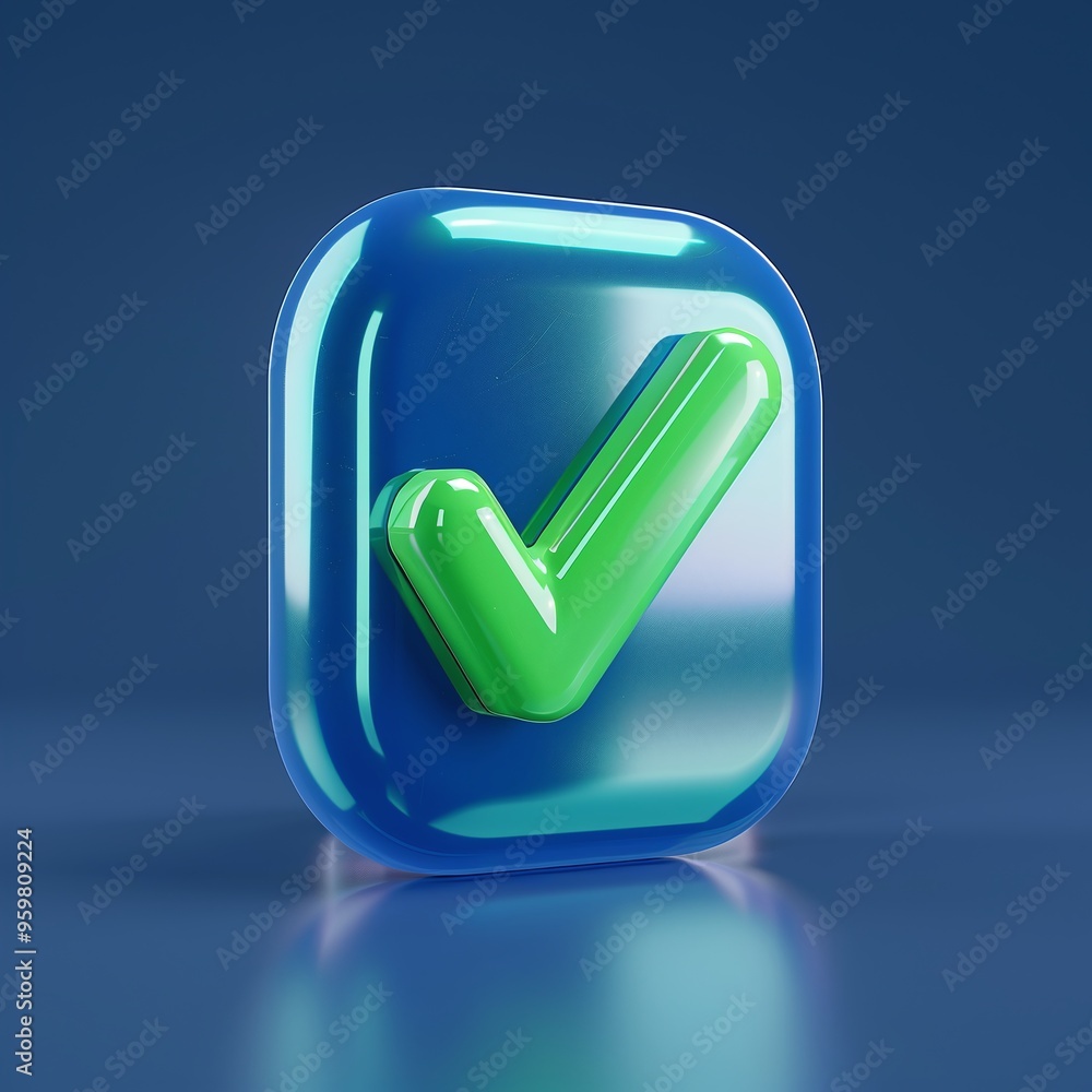 3D illustration of a green checkmark icon on a blue background, symbolizing approval, success, verification, or positive confirmation. 3D illustration of a green checkmark icon on a blue background, symbolizing approval, success, verification, or positive confirmation.