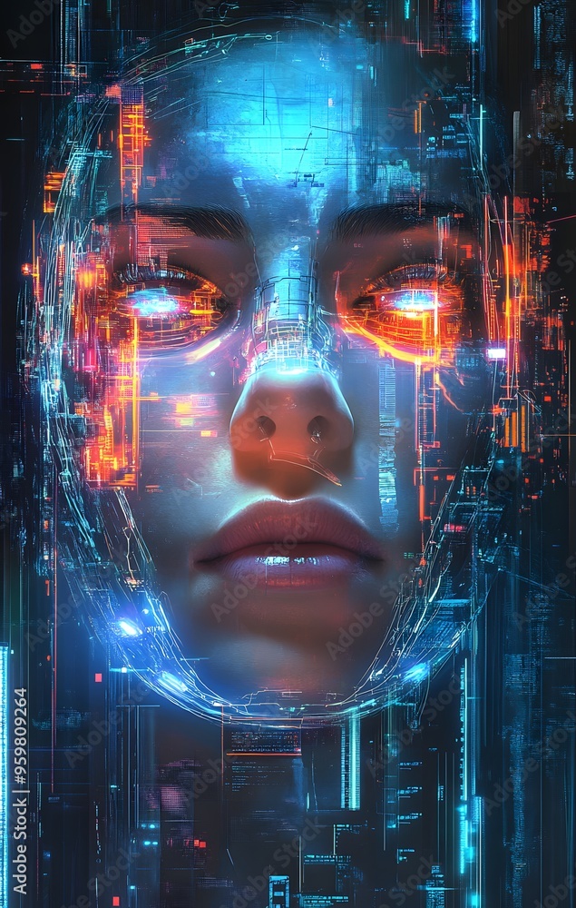 26. **Futuristic portrait featuring a human face with cybernetic enhancements and glowing accents** 26. **Futuristic portrait featuring a human face with cybernetic enhancements and glowing accents**