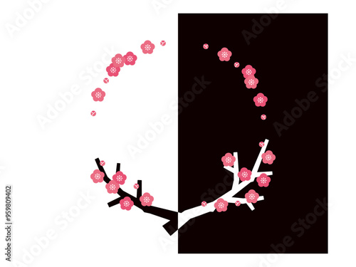 梅の花の飾り罫と、梅の木の円形フレーム＿白黒の背景イラスト＿シルエット