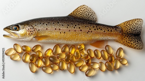 Fish oil capsules glistening on a clean white background, alongside fresh sea fish meat rich in omega 3, highlighting the health benefits of natural supplements photo