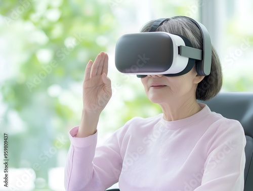 Senior Woman Engaging in Virtual Reality Experience Indoors Representing Modern Technology for All Ages