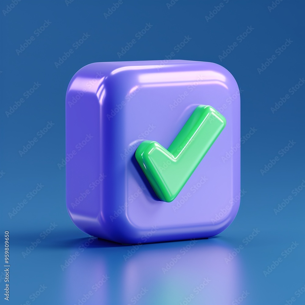 3D illustration of a purple cubic button with a green checkmark symbol on a blue gradient background, representing approval or confirmation. 3D illustration of a purple cubic button with a green checkmark symbol on a blue gradient background, representing approval or confirmation.