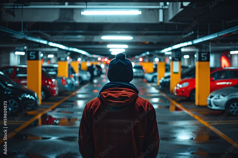 A Solitary Figure in a Dimly Lit Parking Garage A Solitary Figure in a Dimly Lit Parking Garage