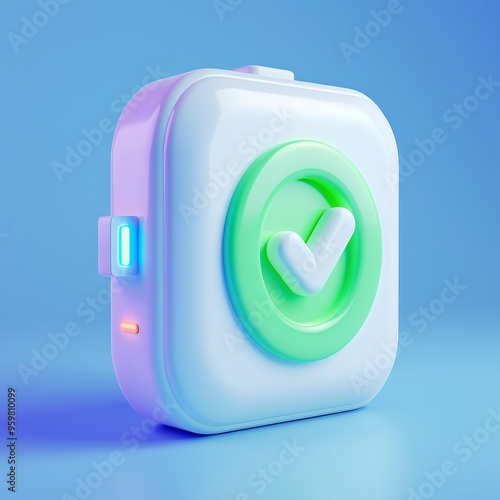 3D render of a green checkmark button against a blue background, symbolizing approval and verification. photo